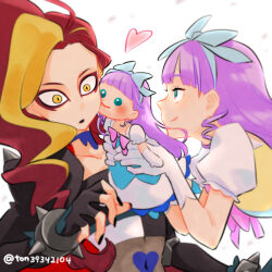Rule 34 | 2girls, aqua eyes, black gloves, black jacket, black nails, blonde hair, blue choker, bracelet, character doll, choker, closed mouth, commentary, constricted pupils, doll, dress, drill hair, drill sidelocks, earrings, empress undergu, frown, gloves, heart, highres, hirogaru sky! precure, holding, holding doll, jacket, jewelry, long bangs, long hair, long sleeves, looking at another, makeup, mascara, multiple girls, precure, princess ellerein, puffy short sleeves, puffy sleeves, purple eyes, purple hair, red hair, short sleeves, sidelocks, smile, spiked bracelet, spikes, ton (ton39342104), twitter username, white dress, white gloves