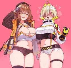 Rule 34 | 2girls, anis (nikke), black headwear, black thighhighs, blonde hair, blush, breasts, brown hair, cleavage, commentary, conto, crop top, elegg (nikke), english commentary, fang, fingerless gloves, gloves, goddess of victory: nikke, hair intakes, hair over one eye, hat, heart, jacket, large breasts, long sleeves, looking at viewer, micro shorts, multiple girls, open clothes, open mouth, pink background, purple eyes, salute, short hair, short shorts, shorts, simple background, skindentation, stomach, thigh strap, thighhighs, yellow eyes