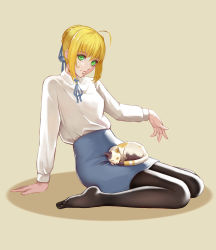 Rule 34 | 1girl, absurdres, ahoge, animal, animal on lap, arm support, artoria pendragon (all), artoria pendragon (fate), bad id, bad pixiv id, beige background, black pantyhose, blonde hair, blue ribbon, blue skirt, braid, calico, cat, cat on lap, closed mouth, collared shirt, eyebrows, fate/stay night, fate (series), full body, green eyes, hair bun, hair ribbon, high-waist skirt, highres, leaning back, long sleeves, looking at viewer, md5 mismatch, neck ribbon, no shoes, on lap, outstretched arm, pantyhose, pencil skirt, revision, ribbon, saber (fate), shirt, sidelocks, single hair bun, sitting, skirt, sleeping, smile, solo, wariza, white shirt, zhano kun