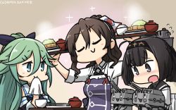 Rule 34 | 3girls, :3, ahoge, akizuki (kancolle), apron, aqua eyes, ashigara (kancolle), bare shoulders, blush, bowl, brown hair, carrying, chou-10cm-hou-chan, closed eyes, closed mouth, commentary request, dated, detached sleeves, embarrassed, flying sweatdrops, food, green hair, hair between eyes, hair ribbon, hairband, hamu koutarou, highres, kantai collection, long hair, multiple girls, napkin, open mouth, plate, ponytail, purple apron, ribbon, rice, school uniform, serafuku, short hair, sleeves rolled up, smile, sparkle, translation request, tray, very long hair, yamakaze (kancolle)
