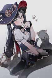 Rule 34 | 1girl, alternate costume, apron, asymmetrical bangs, bell, black hair, black pantyhose, black skirt, blurry, blush, breasts, cat, commentary, depth of field, full body, genshin impact, green eyes, grey background, hair between eyes, hand on lap, haragaita i, hat, high heels, highres, long hair, looking at viewer, maid apron, mona (genshin impact), neck bell, open mouth, pantyhose, parted bangs, paw pose, paw print, purple hat, shirt, short sleeves, simple background, sitting, skirt, small breasts, solo, straight hair, sweatdrop, symbol-only commentary, twintails, underbust, vision (genshin impact), wariza, white shirt, witch hat
