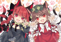 Rule 34 | 2girls, :d, ahoge, animal ear fluff, animal ears, black bow, black dress, blunt bangs, bow, bowtie, braid, breasts, brown hair, cat day, cat ears, cat tail, chen, cleavage, commentary request, double v, dress, earrings, extra ears, fangs, green headwear, hair bow, hat, highres, jewelry, kaenbyou rin, long hair, looking at viewer, mob cap, multiple girls, multiple tails, nekomata, open mouth, paw print, paw print background, red dress, red eyes, red hair, short hair, simple background, single earring, skin fangs, small breasts, smile, tail, touhou, toutenkou, twin braids, twintails, two tails, upper body, v, v-shaped eyebrows, white bow, white neckwear