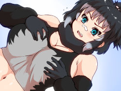 Rule 34 | 10s, 1girl, abs, bandaid, bandaid on face, bandaid on nose, blue background, blue eyes, blush, breasts, cleavage, fur trim, gloves, gorilla (kemono friends), grabbing own breast, grey hair, isna (footprintsofisna), kemono friends, large breasts, navel, open mouth, ponytail, solo, teeth