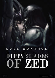 Rule 34 | 1boy, 1girl, arms up, crossover, closed eyes, fifty shades of grey, greyscale, hetero, highres, imminent kiss, league of legends, monochrome, movie poster, parody, parted lips, phantom ix row, poster (medium), syndra, zed (league of legends)