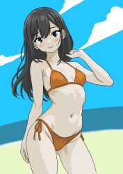 Rule 34 | 1girl, absurdres, asashio (kancolle), beach, bikini, black hair, blue eyes, blue sky, bone namu(namu49850), breasts, cloud, commentary request, contrapposto, cowboy shot, day, highres, horizon, kantai collection, long hair, navel, ocean, orange bikini, outdoors, side-tie bikini bottom, sky, small breasts, smile, solo, swimsuit