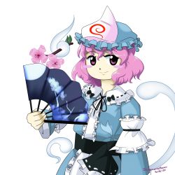 Rule 34 | 1girl, dated, ghost, hat, highres, looking at viewer, parody, perfect cherry blossom, pink hair, saigyouji yuyuko, short hair, simple background, smile, solo, style parody, touhou, zun (style)