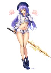 Rule 34 | 1girl, absurdres, alternate costume, bare legs, blue footwear, blue hair, blue headwear, boots, crop top, fii fii (feefeeowo), full body, highres, hinanawi tenshi, holding, holding sword, holding weapon, long hair, long sleeves, looking at viewer, midriff, navel, red eyes, short shorts, shorts, simple background, solo, standing, stomach, sword, sword of hisou, thigh gap, touhou, weapon, white background, white shorts