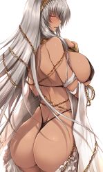 Rule 34 | 1girl, arm between breasts, ass, back, between breasts, bikini, blush, breasts, chain, chain, crown, cuffs, dark-skinned female, dark skin, elbow gloves, closed eyes, fate/grand order, fate (series), g-string, gloves, gold chain, highleg, highleg bikini, highres, large breasts, long hair, open mouth, platinum blonde hair, solo, swimsuit, thong, tsukasawa takamatsu, white background, zenobia (fate)