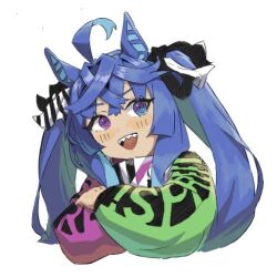 Rule 34 | 1girl, :d, @ @, ahoge, animal ears, aqua hair, blue eyes, blue hair, bow, clothes writing, commentary, cropped torso, crossed arms, crossed bangs, hair bow, heterochromia, horse ears, horse girl, long hair, long sleeves, lowres, makasero, multicolored clothes, multicolored hair, open mouth, purple eyes, sharp teeth, sidelocks, simple background, smile, solo, striped bow, teeth, twin turbo (umamusume), twintails, two-tone hair, umamusume, upper body, upper teeth only, white background