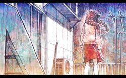 Rule 34 | 1girl, air conditioner, braid, brown hair, clenched hands, commentary, faux traditional media, from behind, laundry pole, letterboxed, long hair, madotsuki, pink shirt, railing, sakino shingetsu, shirt, skirt, solo, sweater, twin braids, wind, yume nikki