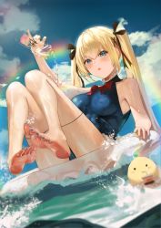 Rule 34 | 1girl, absurdres, azur lane, barefoot, beach, blonde hair, blue eyes, blue one-piece swimsuit, blush, dead or alive, feet, highres, lifebuoy, long hair, marie rose, nail polish, one-piece swimsuit, parted lips, soles, solo, splashing, swim ring, swimsuit, toenail polish, toenails, toes, twintails