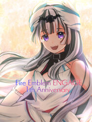 Rule 34 | 1girl, black hair, collar, dress, elbow gloves, feather hair ornament, feathers, fire emblem, fire emblem engage, gloves, grey hair, hair ornament, highres, long hair, looking at viewer, nintendo, open mouth, purple eyes, smile, solo, teeth, tochiryo, upper teeth only, very long hair, veyle (fire emblem), white dress, white gloves