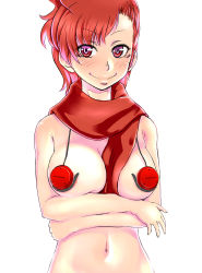 Rule 34 | 1girl, atlus, between breasts, blush, breasts, censored, convenient censoring, female focus, headphones, naked scarf, navel, out-of-frame censoring, pasties, persona, persona 3, persona 3 portable, red eyes, red hair, sato iori, scarf, shiomi kotone, smile, solo, topless frame