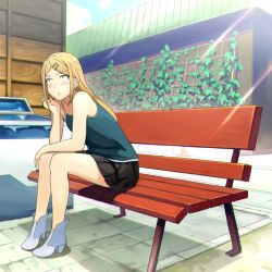 Rule 34 | 10s, 1girl, ankle boots, bare legs, bench, black skirt, blonde hair, blush, boots, building, camisole, dagashi kashi, ear piercing, earrings, elbow rest, endou saya, fang, flat chest, hair ornament, hairclip, high heel boots, high heels, ivy, jewelry, leaning forward, long hair, looking away, miniskirt, no socks, outdoors, parted bangs, pavement, piercing, plant, sitting, skirt, sky, solo, spaghetti strap, sunlight, tomitayaki, white footwear