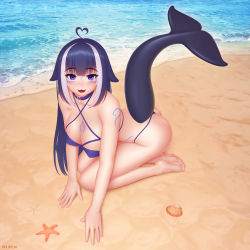 Rule 34 | 1girl, :3, :d, absurdres, ahoge, artist name, ass, bare arms, bare legs, bare shoulders, barefoot, beach, bikini, blue hair, blunt bangs, blush, breasts, cetacean tail, collar, commentary, facial hair, fangs, fins, fish tail, full body, hair between eyes, heart, heart ahoge, highres, indie virtual youtuber, large breasts, long hair, looking at viewer, multicolored hair, open mouth, orca girl, purple eyes, sand, seashell, seiza, shell, shylily, shylily (bikini), sitting, smile, solo, starfish, swimsuit, tail, tattoo, two-tone hair, virtual youtuber, water, white hair, wlper