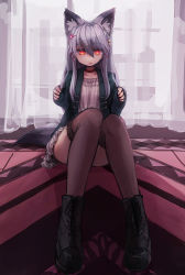 Rule 34 | + +, 1girl, animal ears, bee (deadflow), black thighhighs, boots, choker, cross-laced footwear, fox ears, full body, grey hair, hair between eyes, hair ornament, hairclip, jacket, lace-up boots, long hair, open mouth, orange eyes, original, sitting, skirt, sleeves past wrists, solo, tail, thighhighs