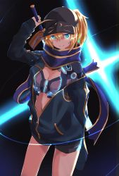 Rule 34 | 1girl, ahoge, artoria pendragon (fate), baseball cap, blonde hair, blue eyes, blue scarf, cowboy shot, fate/grand order, fate (series), hat, highres, jacket, mysterious heroine x (fate), open clothes, open jacket, scarf, shirokuma1414, shorts, smile, solo, sword, tagme, weapon