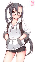 Rule 34 | 1girl, alternate costume, amagiri (kancolle), asymmetrical bangs, backpack, bag, black shorts, casual, commentary request, dated, glasses, grey eyes, grey hair, hair between eyes, hands in pockets, highres, hood, hooded jacket, hoodie, jacket, kanon (kurogane knights), kantai collection, logo, long hair, looking at viewer, ponytail, short shorts, shorts, simple background, solo, very long hair, white background, white jacket
