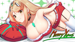 Rule 34 | 1girl, alternate costume, arm rest, black choker, blonde hair, blush, breasts, chest jewel, choker, cleavage, closed mouth, crop top, cushion, earrings, garter straps, green322, highres, jewelry, large breasts, lying, merry christmas, miniskirt, mythra (xenoblade), navel, on side, red skirt, santa costume, skindentation, skirt, smile, solo, sparkle, thighhighs, tiara, white thighhighs, xenoblade chronicles (series), xenoblade chronicles 2, yellow eyes