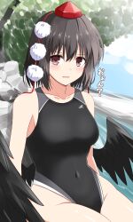 Rule 34 | 1girl, absurdres, alternate costume, bird wings, black one-piece swimsuit, black wings, blush, breasts, brown eyes, commentary, covered navel, hat, highres, looking at viewer, medium breasts, one-piece swimsuit, open mouth, pom pom (clothes), red hat, rise (rise19851203), shameimaru aya, short hair, solo, sweatdrop, swimsuit, tokin hat, touhou, translation request, wings