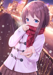 Rule 34 | 1girl, absurdres, adjusting scarf, backlighting, blue eyes, blurry, blush, bokeh, brown skirt, cityscape, coat, cold, commentary request, cowboy shot, depth of field, duffel coat, enpera, fringe trim, highres, long hair, long sleeves, looking at viewer, nari (narikashi), night, original, outstretched hand, pink scarf, plaid, plaid scarf, plaid skirt, purple hair, railing, scarf, sidelocks, skirt, sleeves past wrists, snowing, solo, white coat, winter, winter clothes, winter coat