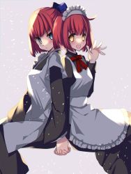 Rule 34 | 2girls, :&lt;, alternate costume, apron, black dress, black kimono, blue bow, blue eyes, bow, bowtie, closed mouth, commentary request, cosplay, costume switch, dress, frilled apron, frills, hair between eyes, hair bow, half updo, highres, hisui (tsukihime), hisui (tsukihime) (cosplay), holding, holding hands, japanese clothes, kimono, kohaku (tsukihime), kohaku (tsukihime) (cosplay), long sleeves, looking at viewer, maid, maid apron, maid headdress, mixed maids, multiple girls, open mouth, red bow, red hair, siblings, simple background, sisters, sitting, smile, tajima yoshikazu, teeth, tsukihime, tsukihime (remake), twins, upper teeth only, wa maid, white apron, wide sleeves, yellow eyes