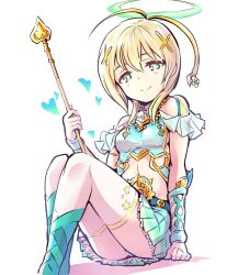 Rule 34 | 1girl, arrow (projectile), blonde hair, green eyes, hair ornament, halo, highres, ishiyumi, looking at viewer, meridionalis (p&amp;d), panties, pantyshot, pleated skirt, puzzle &amp; dragons, short hair, simple background, sitting, skirt, smile, solo, thighhighs, underwear, white background, white panties, white thighhighs, x hair ornament