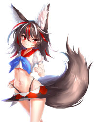 Rule 34 | 1girl, adapted costume, animal ears, black hair, black panties, blue bow, blue bowtie, bow, bowtie, closed mouth, collared shirt, cone horns, crop top, ehart, fox ears, fox tail, grey horns, groin, hand up, highleg, highleg panties, horns, kemonomimi mode, kijin seija, long sleeves, looking at viewer, midriff, multicolored hair, navel, panties, puffy short sleeves, puffy sleeves, red eyes, red hair, shirt, short hair, short sleeves, simple background, skirt, solo, standing, streaked hair, string panties, string pull, tail, thong, touhou, underwear, whale tail (clothing), white background, white hair, white shirt