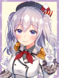 Rule 34 | 10s, 1girl, artistic error, bad anatomy, bad hands, beret, blush, bow, bowtie, breasts, commentary, epaulettes, grey hair, hair ribbon, hat, highres, kantai collection, kashima (kancolle), large breasts, military, military uniform, nan (jyomyon), purple eyes, ribbon, simple background, smile, solo, twintails, uniform