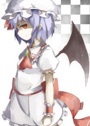 1girl ascot baron_(x5qgeh) bat_wings clenched_hand female_focus hat looking_at_viewer mob_cap pointy_ears purple_hair red_eyes remilia_scarlet short_hair sketch smile solo touhou wings wrist_cuffs