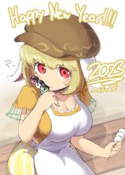 Rule 34 | 1girl, 2023, ?, animal ears, apron, blonde hair, breasts, brown hat, cabbie hat, cleavage, closed mouth, commentary, dango, english commentary, english text, floppy ears, food, happy new year, hat, highres, holding, holding food, large breasts, looking at viewer, new year, orange shirt, rabbit ears, rabbit girl, red eyes, ringo (touhou), sanshoku dango, shirt, short hair, short sleeves, sifserf, signature, sitting, solo, touhou, wagashi, white apron