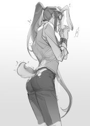 Rule 34 | !, 1boy, animal ears, ass, black pants, blush, from behind, gradient background, greyscale, highres, long hair, long sleeves, monochrome, pants, ponytail, profile, rabbit boy, rabbit ears, rabbit tail, shirt tucked in, solo, spoken exclamation mark, suncle, tail, luo xiaohei zhanji, twitter username, very long hair, vest, wuxian (the legend of luoxiaohei)