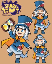 Rule 34 | 1girl, :3, :d, ;d, a hat in time, adapted costume, beige background, blue eyes, blue hair, blunt bangs, cape, dudul, fins, fish tail, gawr gura, hands on own hips, hat, highres, hololive, hololive english, hood, hood up, hourglass, logo parody, looking at viewer, multicolored hair, multiple views, one eye closed, open mouth, shark tail, sharp teeth, simple background, smile, smug, streaked hair, tail, teeth, top hat, two-tone hair, two side up, virtual youtuber, white hair, yellow cape