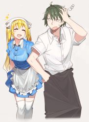 Rule 34 | 1boy, 1girl, ^ ^, akizuki kouyou, apron, arms behind back, blend s, blonde hair, blush, breasts, closed eyes, collared shirt, dress, green hair, half-closed eyes, hand in own hair, happy, highres, hinata kaho, kasa list, leaning forward, long hair, looking at another, maid, maid headdress, medium breasts, open mouth, puffy short sleeves, puffy sleeves, shirt, short hair, short sleeves, smile, standing, sweatdrop, thighhighs, twintails, waitress