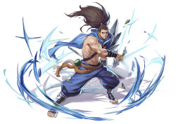 Rule 34 | 1boy, abs, absurdres, aussummer, bara, black hair, blue scarf, brown eyes, brown hair, closed mouth, facial hair, highres, holding, holding sword, holding weapon, league of legends, long hair, male focus, mature male, muscular, muscular male, navel, ponytail, rope belt, scarf, simple background, solo, stirrup legwear, sword, toeless legwear, weapon, white background, yasuo (league of legends)