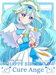 Rule 34 | 1girl, blue eyes, blue hair, blue wrist cuffs, blush, brooch, character name, cure ange, dated, dress, earrings, happy birthday, hat, heart, heart pouch, hugtto! precure, jewelry, lipstick, long hair, looking at viewer, magical girl, makeup, nurse cap, precure, see-through, see-through sleeves, smile, solo, tanshi tanshi, twitter username, upper body, very long hair, wrist cuffs, yakushiji saaya