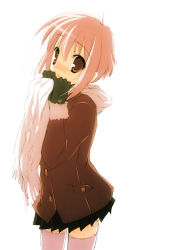 Rule 34 | 1girl, blush, coat, expressionless, fur coat, gloves, green gloves, head tilt, jo (overture), looking at viewer, original, pink hair, pleated skirt, red eyes, scarf, short hair, simple background, skirt, solo, standing, thighhighs, white background, white scarf, zettai ryouiki