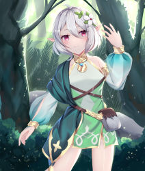 Rule 34 | 1girl, absurdres, antenna hair, bare shoulders, blue sleeves, blush, bridal gauntlets, closed mouth, collarbone, commentary request, day, detached sleeves, dress, flower, forest, glint, hair between eyes, hair flower, hair ornament, hand up, highres, kokkoro (princess connect!), linz (linzimmm), long sleeves, nature, outdoors, pointy ears, princess connect!, puffy long sleeves, puffy sleeves, red eyes, see-through, see-through sleeves, silver hair, single bridal gauntlet, sleeveless, sleeveless dress, smile, solo, tree, white dress, white flower