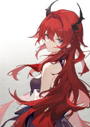 Rule 34 | 1girl, absurdres, arknights, bare shoulders, chest strap, commentary, demon girl, dress, highres, horns, long hair, looking at viewer, luozhou pile, off shoulder, purple eyes, red hair, sleeveless, sleeveless dress, slit pupils, solo, surtr (arknights)