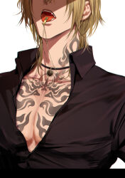 Rule 34 | 1boy, absurdres, black choker, black shirt, blonde hair, chest tattoo, choker, collared shirt, cropped head, fang, highres, jewelry, lion iscat, luca kaneshiro, male focus, medium hair, necklace, nijisanji, nijisanji en, open clothes, open mouth, partially unbuttoned, pectorals, shirt, simple background, solo, tattoo, teeth, tongue, upper body, virtual youtuber, white background