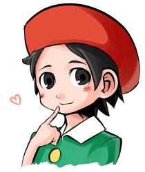 Rule 34 | 1girl, adeleine, beret, black eyes, black hair, blush, face, female focus, finger to mouth, hat, heart, kirby (series), kirby 64, lowres, nintendo, red hat, smile, solo, torathi, torati, white background