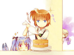 Rule 34 | 3girls, apron, blue hair, brown hair, cake, food, lyrical nanoha, mahou shoujo lyrical nanoha, mahou shoujo lyrical nanoha a&#039;s, mahou shoujo lyrical nanoha a&#039;s portable: the battle of aces, lord dearche, levi the slasher, stern the destructor, multiple girls, short hair, sleeves rolled up, tail, takana (nanao), twintails