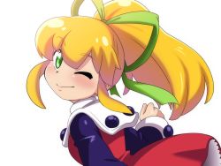 Rule 34 | 1girl, ;), blonde hair, blush, breasts, closed mouth, commentary request, dress, frilled dress, frills, from behind, green eyes, green ribbon, hair ribbon, long hair, long sleeves, looking at viewer, mega man (classic), mega man (series), one eye closed, ponytail, red dress, ribbon, roll (mega man), sagamimok, sidelocks, simple background, small breasts, smile, solo, turtleneck, upper body, white background