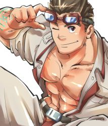 Rule 34 | 1boy, abs, absurdres, bara, bare pectorals, blush, collarbone, goggles, goggles on head, highres, kajiya kurogane, looking at viewer, male focus, muscular, muscular male, navel, nipples, open clothes, open pants, open shirt, pants, pectorals, sekigan no samurai (gatu 1221), short hair, sideburns, sleeves rolled up, solo, stomach, thick eyebrows, tokyo houkago summoners