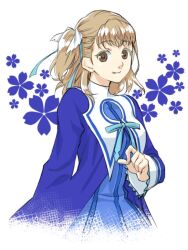 Rule 34 | 1girl, blue ribbon, brown eyes, brown hair, closed mouth, dress, hair ribbon, long hair, looking at viewer, one side up, oto nagi, ribbon, smile, solo, white background, wild arms, wild arms 4, yulie ahtreide