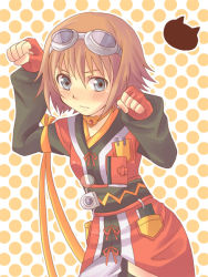 Rule 34 | 00s, 1girl, blush, bob cut, brown hair, cubexcube, fingerless gloves, gloves, goggles, goggles on head, green eyes, paw pose, polka dot, polka dot background, rita mordio, short hair, solo, tales of (series), tales of vesperia, thighhighs