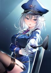 Rule 34 | 1girl, arm under breasts, blue hat, breasts, character request, copyright request, garter straps, gloves, grey eyes, grey hair, hat, holding, large breasts, looking at viewer, necktie, open mouth, police, police hat, police uniform, policewoman, purple necktie, riichu, short hair, sitting, solo, thighhighs, uniform, white gloves