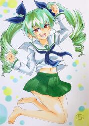 Rule 34 | 1girl, alternate costume, anchovy (girls und panzer), artist name, barefoot, black neckerchief, black ribbon, blouse, clenched hands, commentary, drill hair, floating, girls und panzer, green hair, green skirt, hair ribbon, highres, legs up, long hair, long sleeves, looking at viewer, midriff, miniskirt, navel, neckerchief, ooarai school uniform, open mouth, pleated skirt, red eyes, ribbon, sailor collar, sawamaru30, school uniform, serafuku, shirt, signature, skirt, smile, solo, traditional media, twin drills, twintails, white sailor collar, white shirt