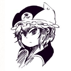 Rule 34 | 1other, androgynous, chikafumikou, closed mouth, collared shirt, commentary request, frilled hat, frills, greyscale, hat, high contrast, len&#039;en, light frown, lowres, monochrome, other focus, shirt, shitodo kuroji, short hair, simple background, sketch, solo, white background