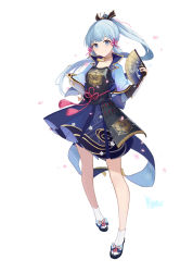 Rule 34 | 1girl, absurdres, armor, ayaka (genshin impact), blue eyes, blue hair, blue hakama, breastplate, closed mouth, floating hair, full body, genshin impact, hair ribbon, hakama, hakama skirt, hand fan, hand on own hip, highres, holding, holding fan, japanese clothes, kliored, long hair, looking at viewer, ponytail, red ribbon, ribbon, sandals, simple background, skirt, smile, solo, standing, tabi, tachi-e, very long hair, white background, white legwear